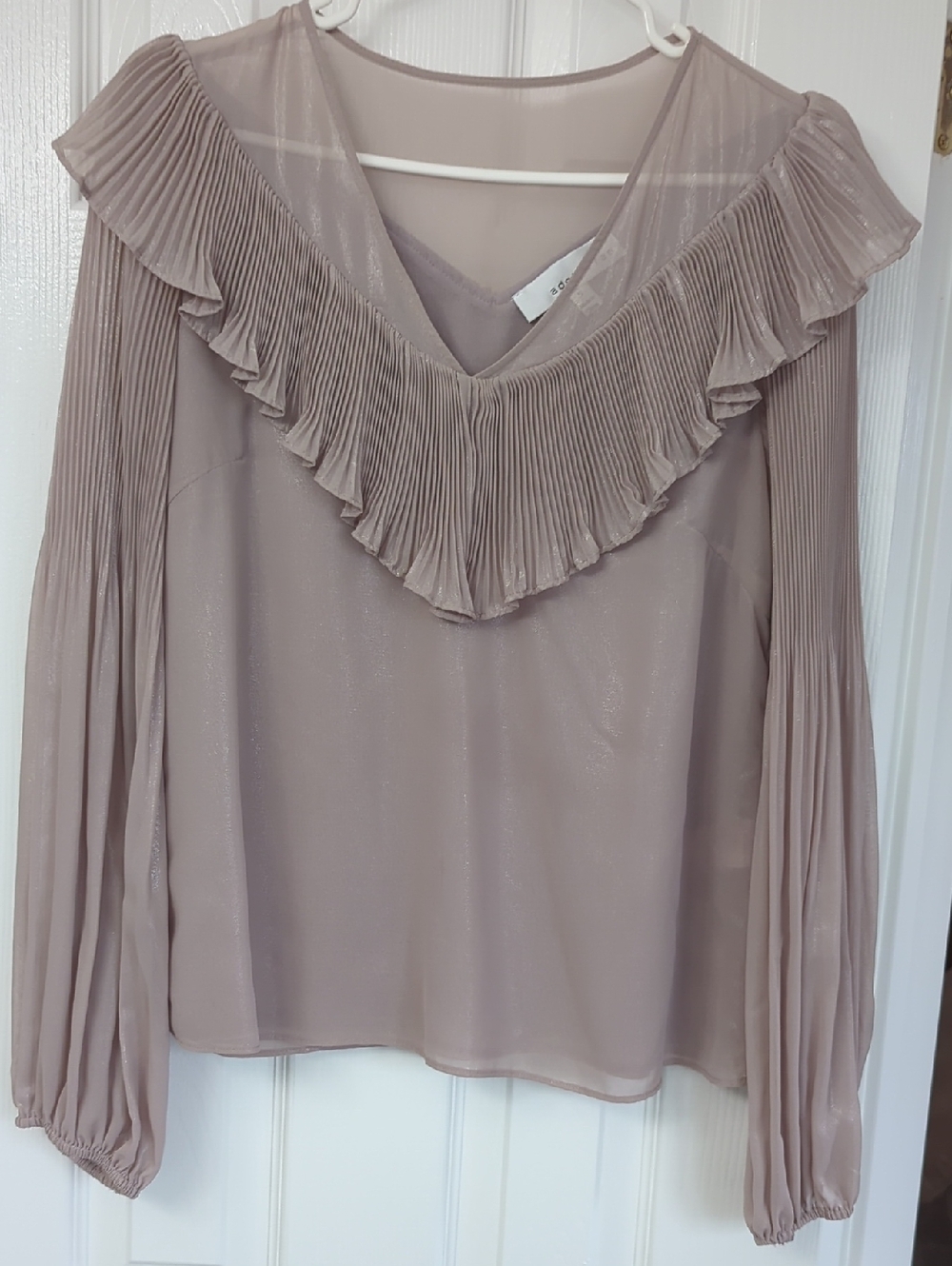Adelyn Rae Pleated Ruffle V-Neck Blouse - Taupe